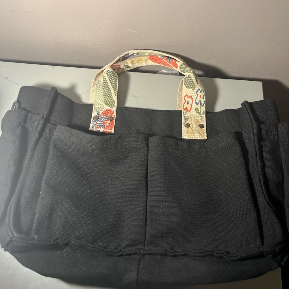Black Tote Bag with Floral Handles